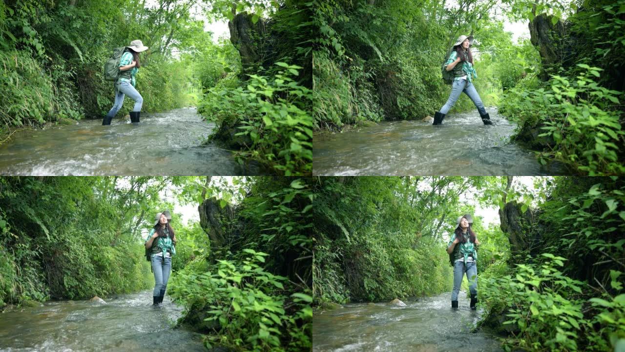 年轻女子在森林中的溪流中徒步旅行