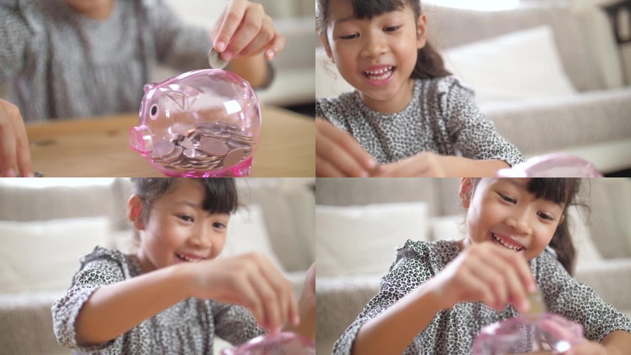 女孩投入金钱硬币为未来保存粉红色的小猪