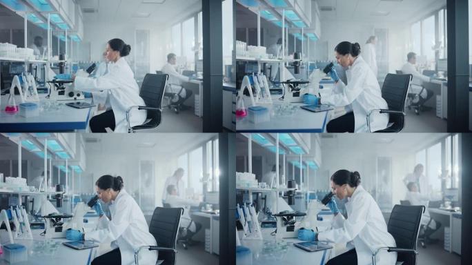 医学发展实验室: 美丽的高加索女科学家在显微镜下观察，分析培养皿样本的肖像。人们在高级实验室从事医学