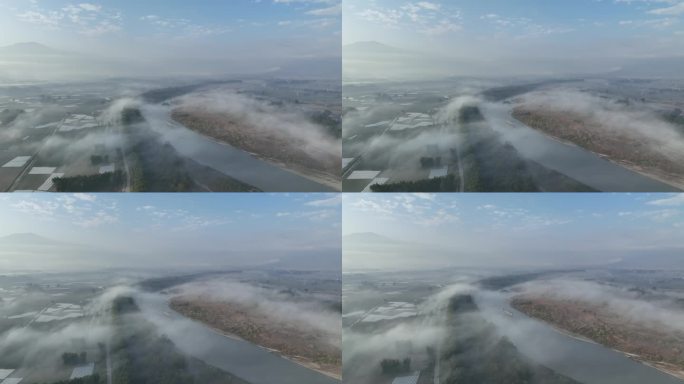 航拍云雾笼罩的大盈江
