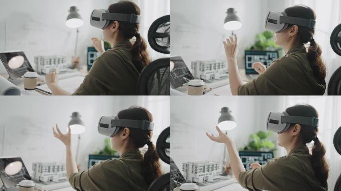 戴着虚拟现实眼镜的未来主义女工程师，在3D领域进行建筑师设计