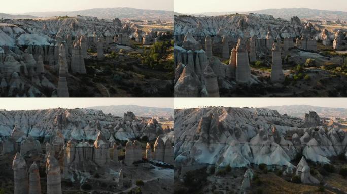 令人惊叹的空中拍摄神秘的高大岩石，上面有大石头，著名的地标性目的地在卡帕多西亚土耳其。