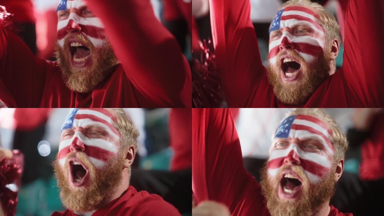 体育馆体育赛事: 美旗帅哥的肖像为Red Americn足球队获胜欢呼，为胜利而尖叫。国际锦标赛，世