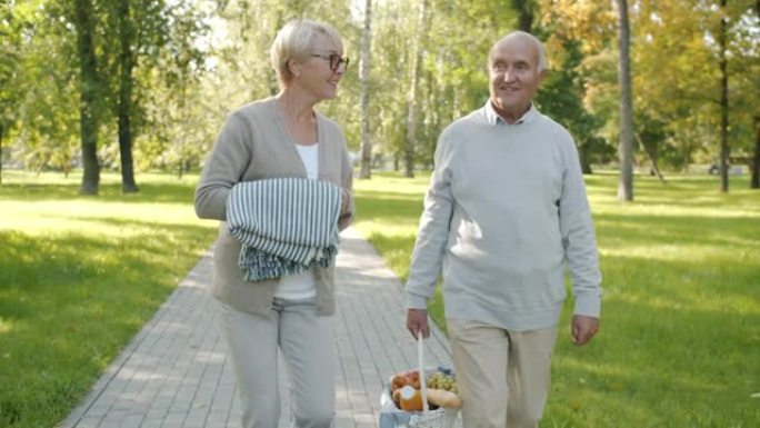 快乐的高级夫妇在公园散步，带着一篮子食物和毯子准备在夏天野餐