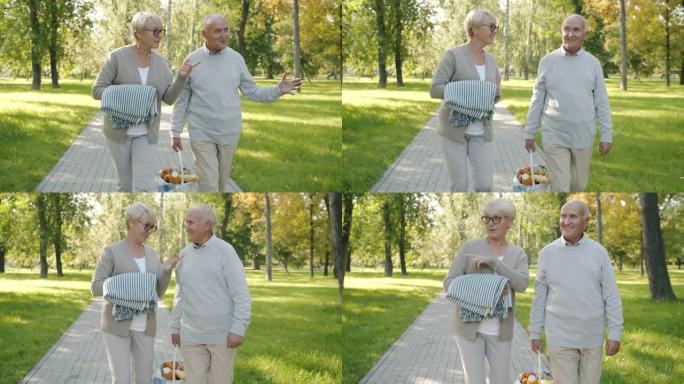 快乐的高级夫妇在公园散步，带着一篮子食物和毯子准备在夏天野餐