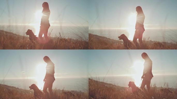 4k视频片段，一个无法识别的女人在与狗一起徒步旅行并观看日落时独自站立