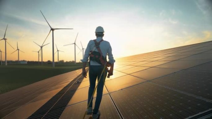专业男性绿色能源工程师走在工业太阳能电池板上，戴着安全带和安全帽。在背景上使用风力涡轮机检查可持续能