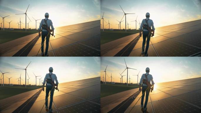 专业男性绿色能源工程师走在工业太阳能电池板上，戴着安全带和安全帽。在背景上使用风力涡轮机检查可持续能