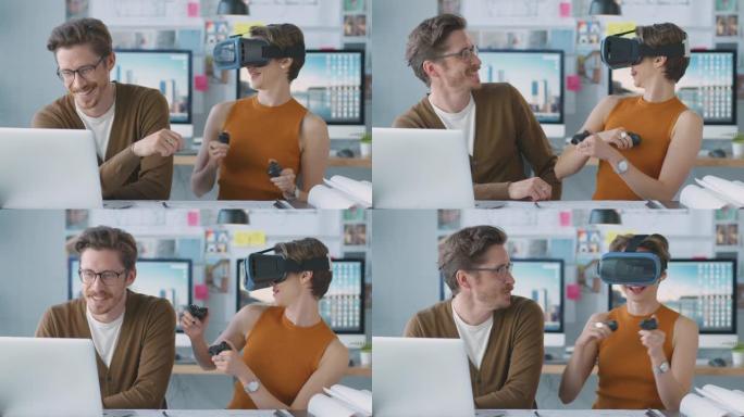 戴着VR耳机的女建筑师在办公室玩得开心，与带笔记本电脑的男同事一起工作