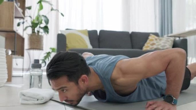 男人在室内进行健身训练，锻炼身体健康，锻炼身体健康。强壮，力量和亚洲运动员为有氧运动，肌肉和表现做俯