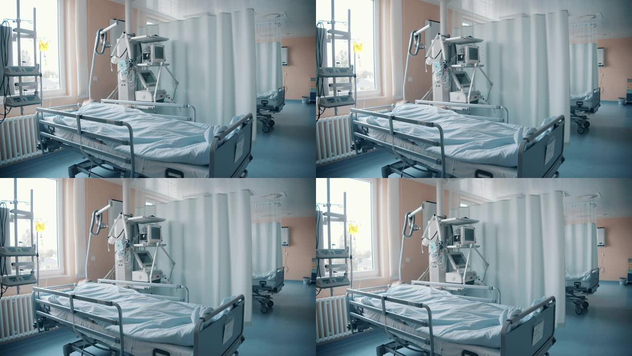 男性患者躺在现代医疗病房的床上