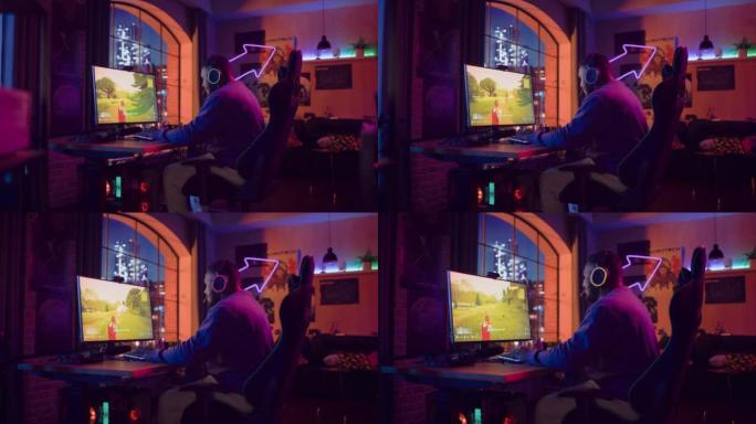 兴奋的玩家玩PvP射击视频游戏，玩家在他的个人计算机上参加大逃杀锦标赛。带霓虹灯的房间和电脑。时髦的