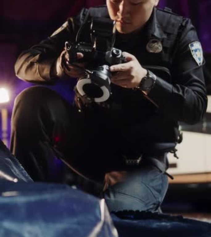 垂直镜头: 法医小组的亚裔男子在夜间在犯罪现场拍摄证据和受害者尸体的照片。致力于解决潜在预谋谋杀案的
