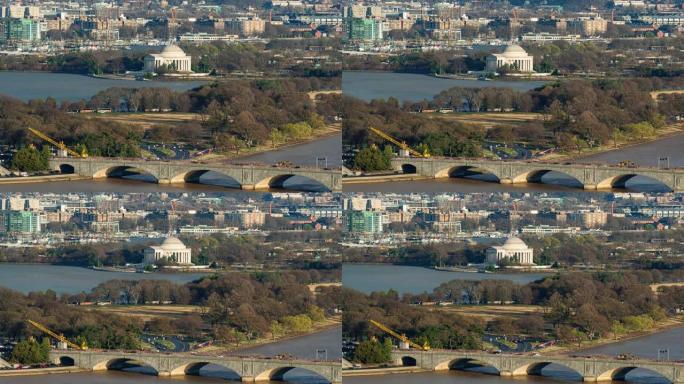 美国华盛顿特区的托马斯·杰斐逊纪念堂与桥和城市的时间流逝