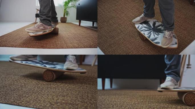 成年男子在地毯上的平衡板上在室内平衡