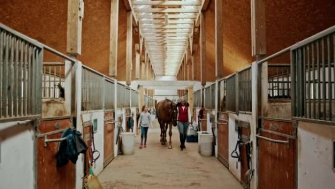 SLO MO女牧场主和她的女儿带领一匹马回到马stable