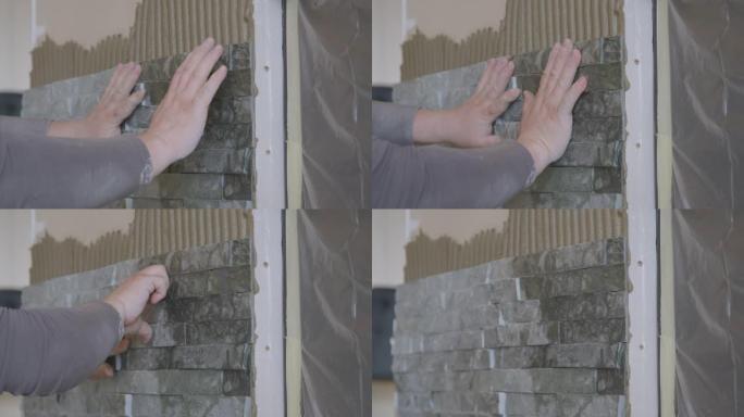特写: 无法辨认的瓷砖在客厅墙壁上适合天然石材瓷砖