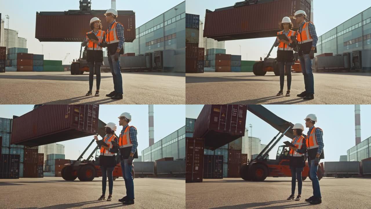 拥有平板电脑的多种族女性工业工程师和戴着安全帽和橙色高能见度背心的男工头站在集装箱码头。同事谈物流业