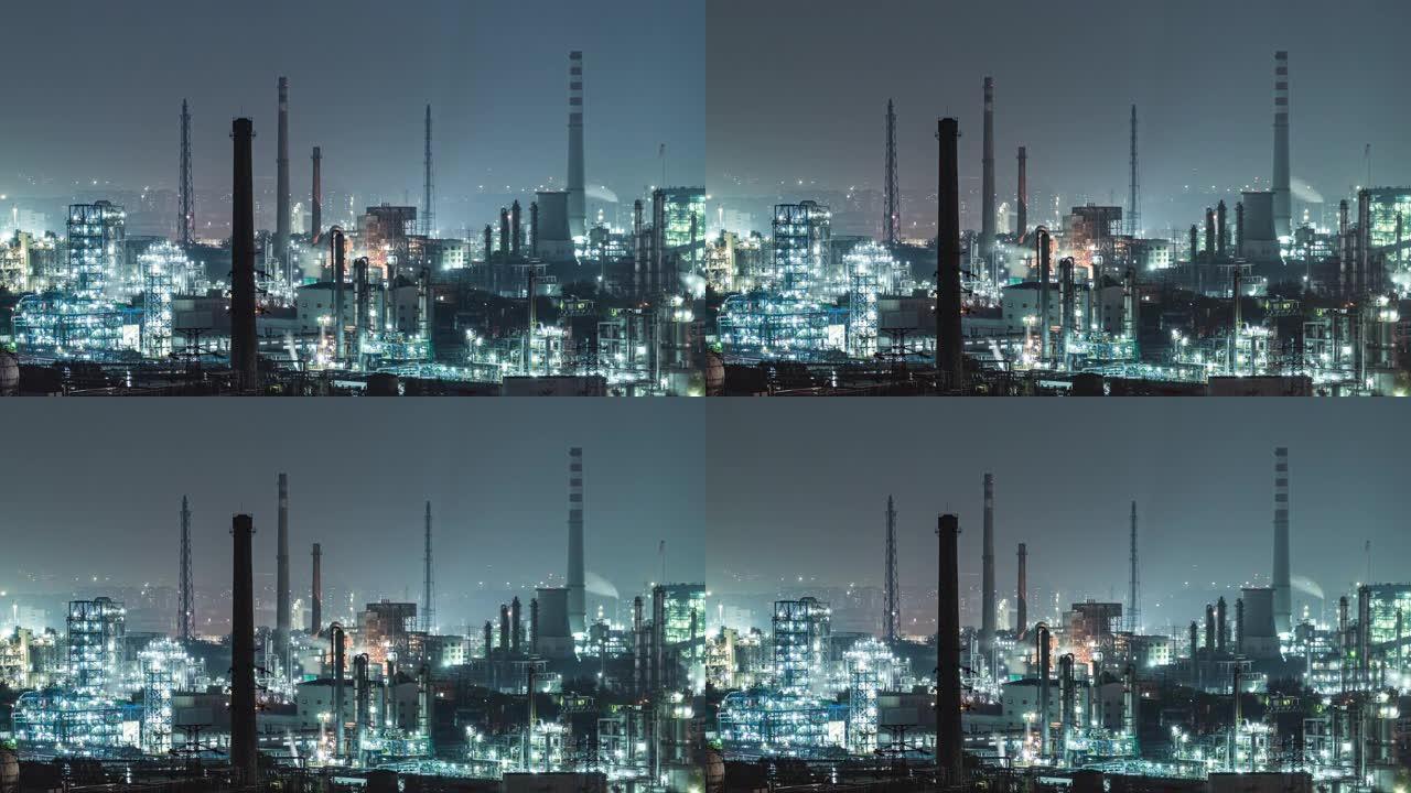 夜间石化厂和炼油行业的T/L无人机视图