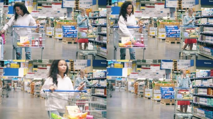 超市过道有女性选择购买的东西。买家，食品、杂货店、超市的顾客。