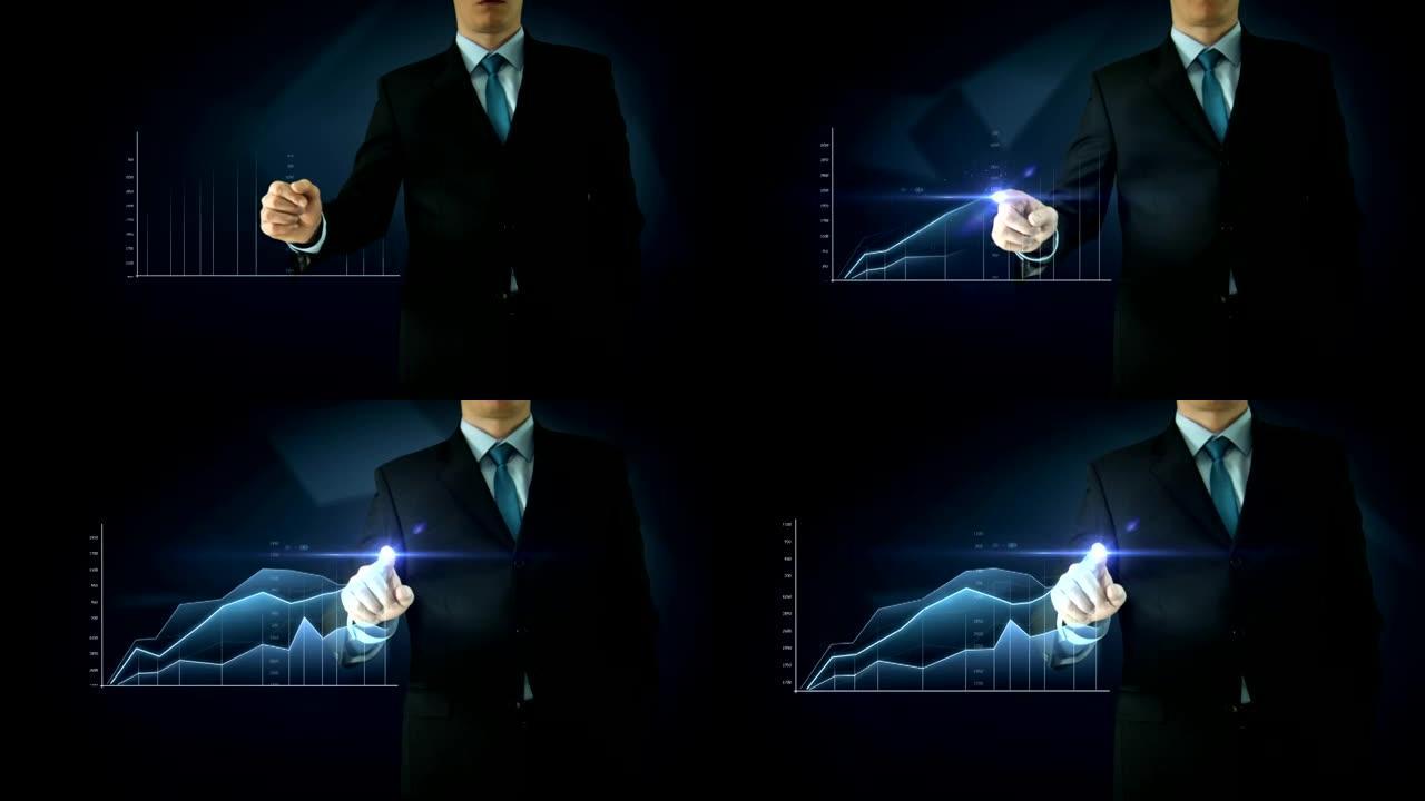 商人互动触摸屏。触摸屏技术运动图形。蓝色抽象