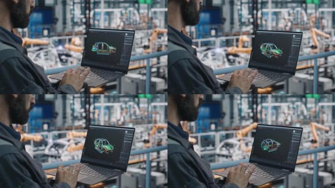 汽车工厂工程师在工作制服中使用带有数字3D CAD车辆蓝图的笔记本电脑。从事汽车生产的汽车工业制造工