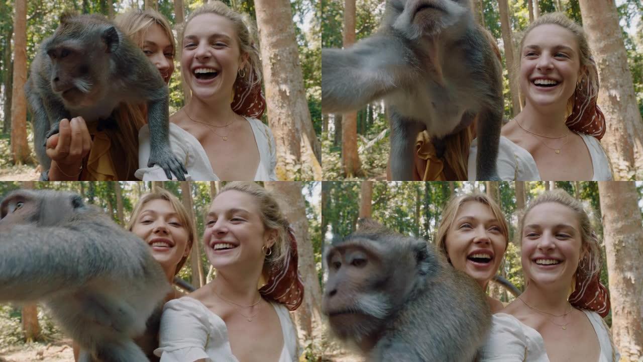 pov两名女性使用智能手机视频聊天与猴子坐在肩膀上摆姿势最好的朋友与猴子分享冒险在野生动物动物园游客