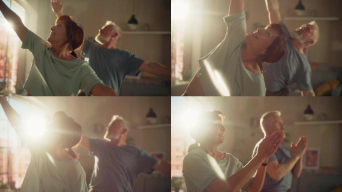 在阳光明媚的早晨，一对高级夫妇在家里一起做体操和瑜伽伸展运动的特写肖像。健康生活方式，健身，娱乐，夫