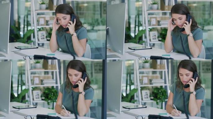 4k视频片段，一名年轻女子在现代办公室使用电话和笔记本时显得压力很大