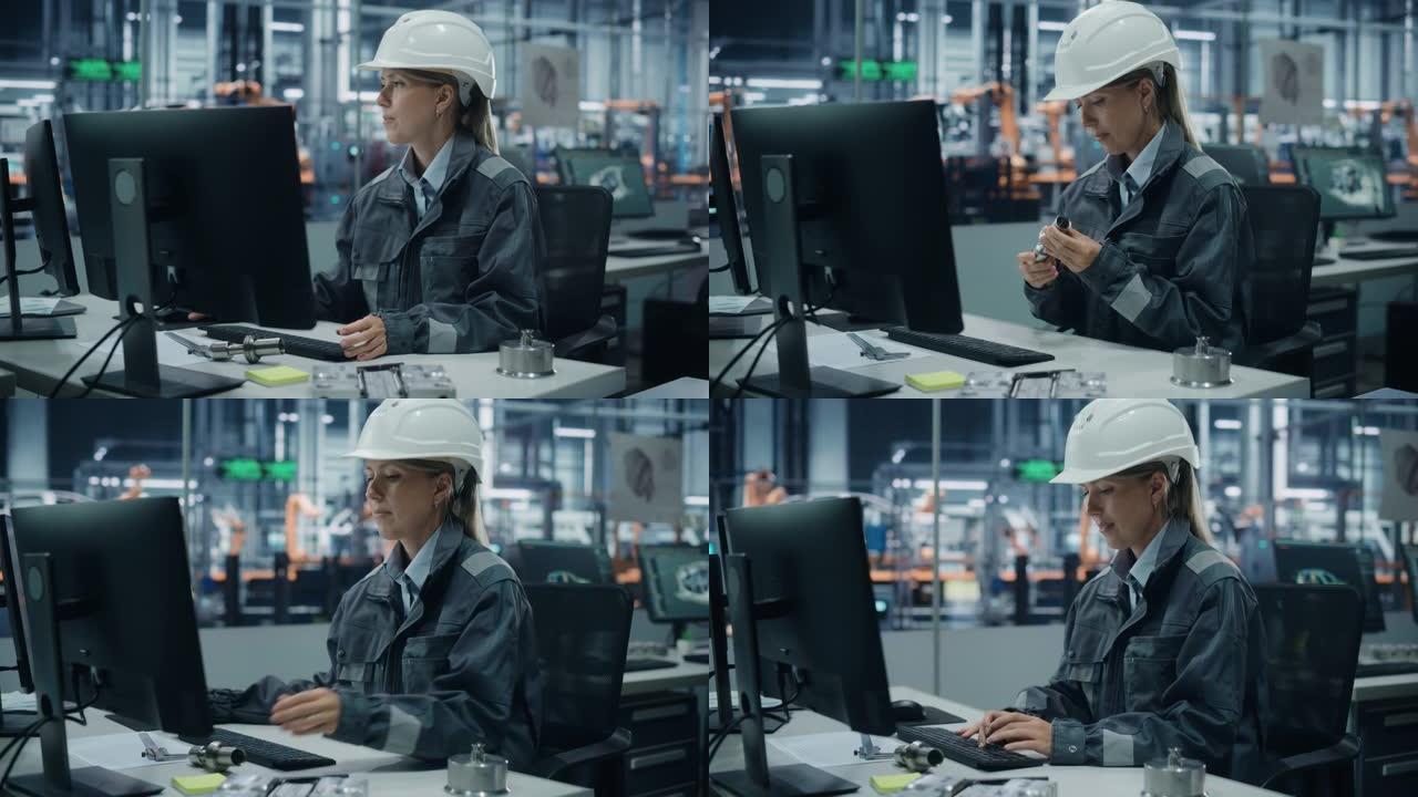 汽车厂办公室: 自信的女总工程师戴着安全帽在台式电脑上工作的肖像。自动化机器人手臂装配线制造高科技电