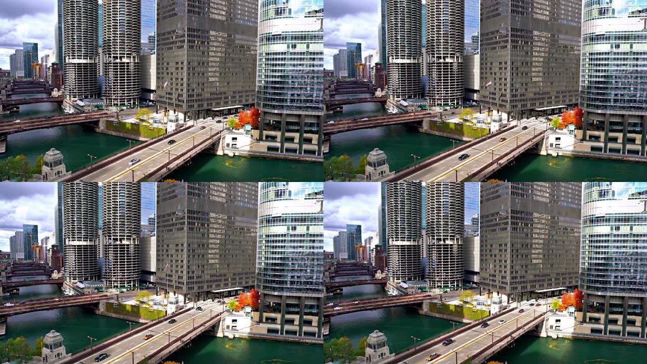 鸟瞰图。芝加哥河。金融区。