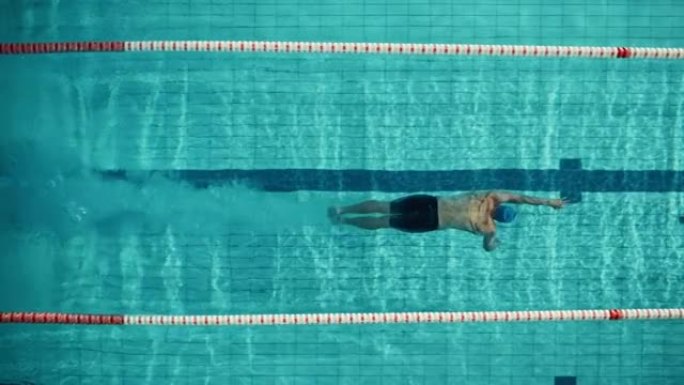空中俯视图: 肌肉发达的男性游泳运动员在游泳池潜水。职业运动员优雅地跳跃，游泳自由泳，决心赢得冠军。