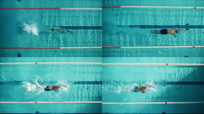 空中俯视图: 肌肉发达的男性游泳运动员在游泳池潜水。职业运动员优雅地跳跃，游泳自由泳，决心赢得冠军。