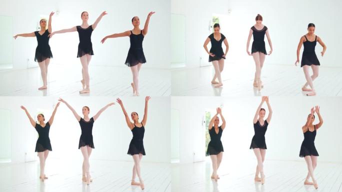 芭蕾舞工作室，舞蹈和创意女性在独奏会，比赛或表演艺术展览中练习优雅的舞蹈套路。舞者团队致力于芭蕾舞演