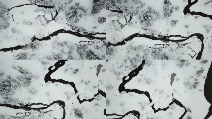 冬季河的鸟瞰图黑白航拍冰雪大雪雪景