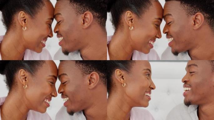 爱情，黑人夫妇和与快乐的伴侣在俗气的关系中与幸福的信任在一起。快乐的男人和女人在关心、爱和浪漫的承诺