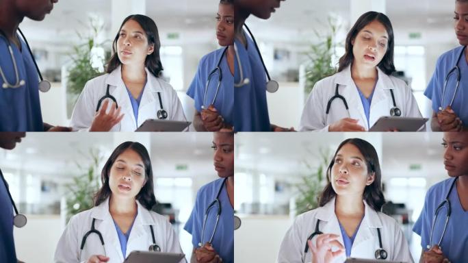 工作人员、医生和护士用平板电脑、妇女和头脑风暴进行诊断或交谈。团队，女性和医疗专业人员，用于医疗保健