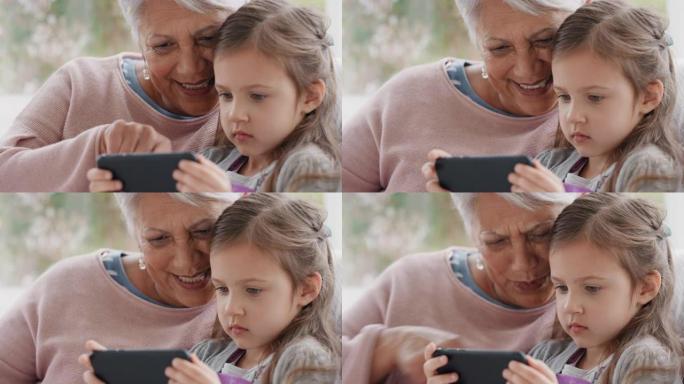 小女孩展示奶奶如何使用智能手机教学奶奶现代科技智能孩子在家帮奶奶带手机4k