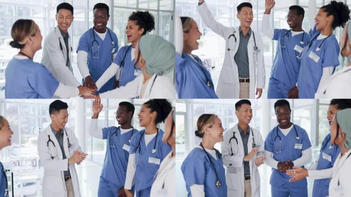 医生，手或堆叠在团队合作的动机，合作或欢呼在医疗保健，健康或人寿保险。在成功，多元化或庆祝圈中微笑，