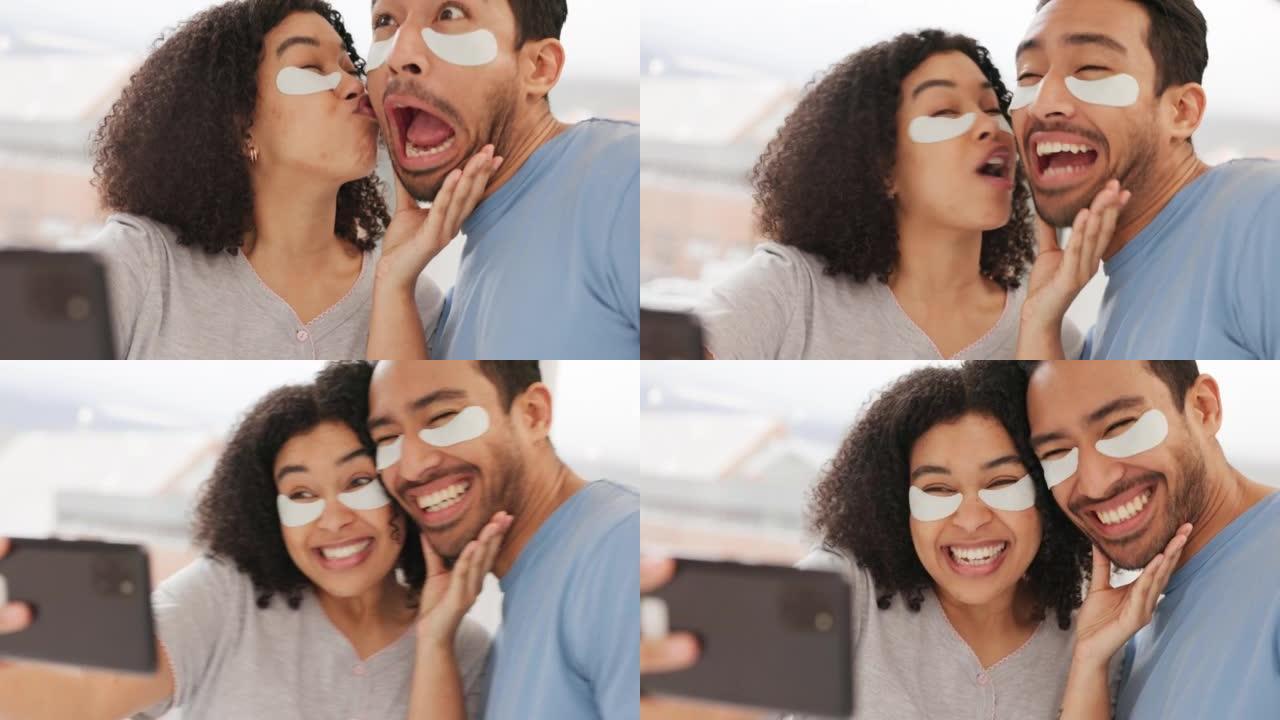 护肤夫妇的手机自拍在家里放松的同时，拍摄早晨美容程序的快乐照片。爱情、微笑和面部护肤，疯狂的黑人女性