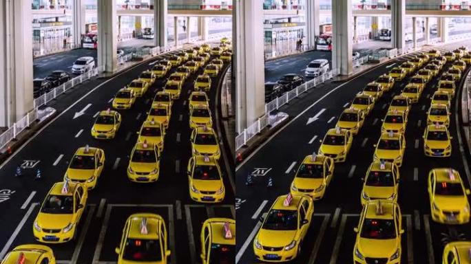 T/L机场出口处繁忙的黄色出租车排队