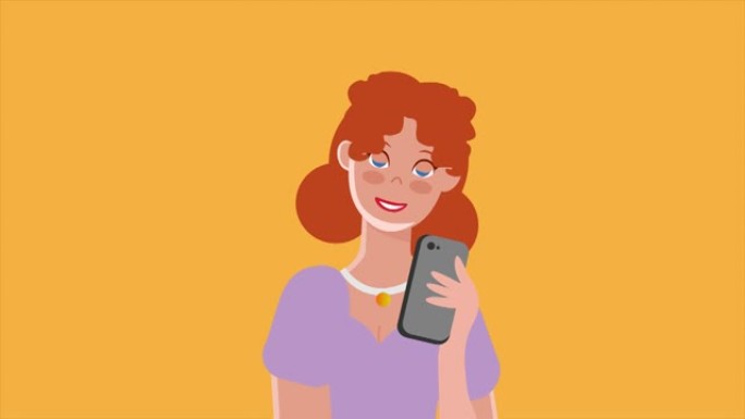 女人拿着手机在黄色背景上自拍动画。女人有猩红色的头发自拍，并在屏幕插图上微笑。4k分辨率，哑光，可循