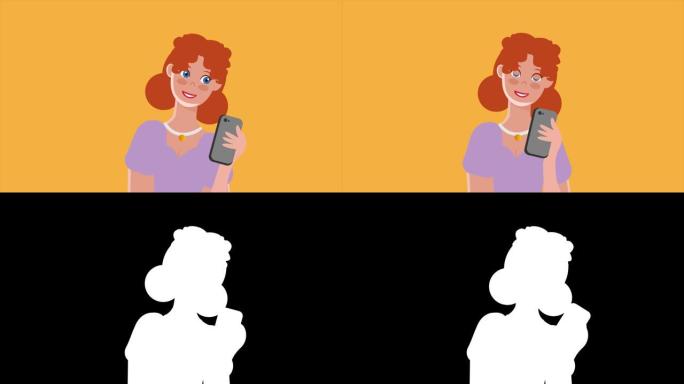 女人拿着手机在黄色背景上自拍动画。女人有猩红色的头发自拍，并在屏幕插图上微笑。4k分辨率，哑光，可循