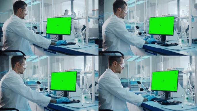 医学科学实验室: 微生物学家，在带有绿色色度键屏幕的显示的计算机上工作。多种多样的生物技术科学家团队