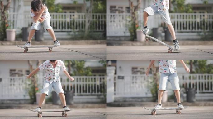 玩滑板的亚洲男孩少年练习技术高难度起跳