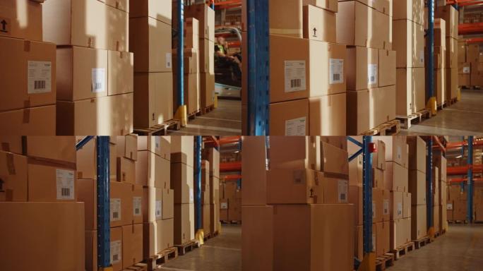 在大型零售仓库中，移动的阳光用纸板箱照亮了货架。物流，配送中心，产品准备全球发货，客户交付。电影照明