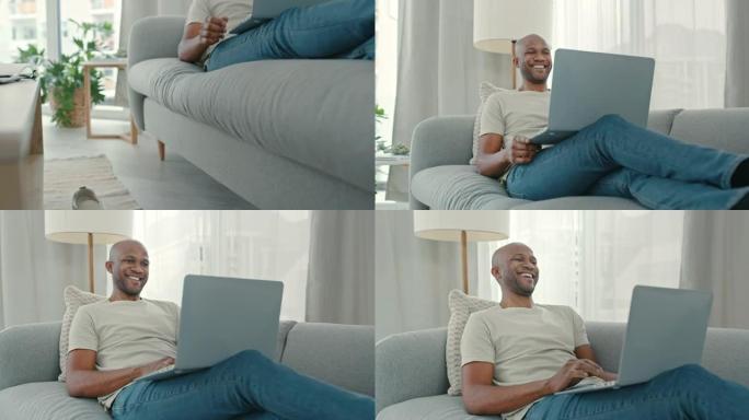 4k视频片段，一个男人的鞋子躺在地板上，而他用笔记本电脑在沙发上放松
