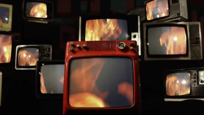 老式电视屏幕上的火焰。