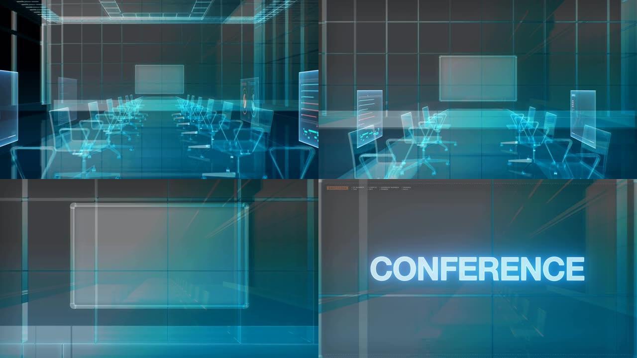 会议室，头脑风暴，向前移动的摄像机，前面的白板打错了“Conference”。4 k动画。