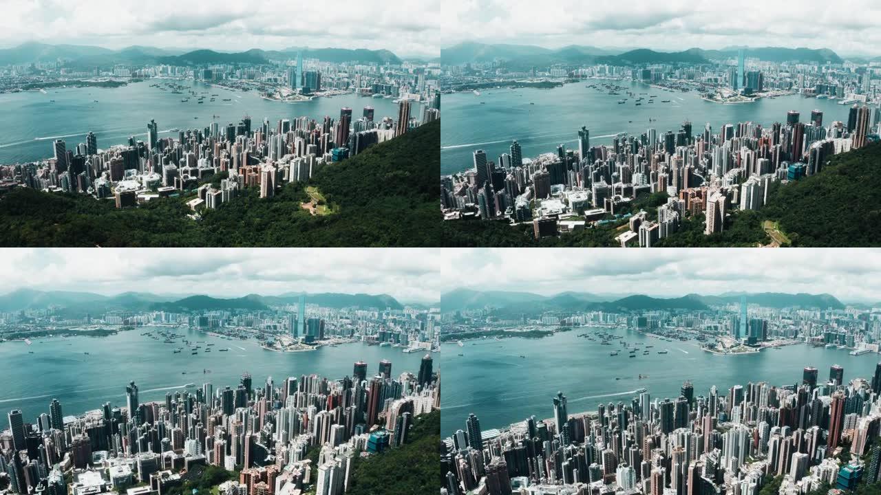 香港城市和维多利亚港的无人机景观